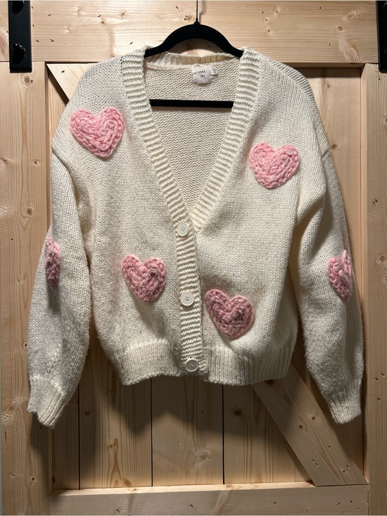 Luna Ivy Sweaters - Cream Cardigan with Pink Heart Knit Appliqués
